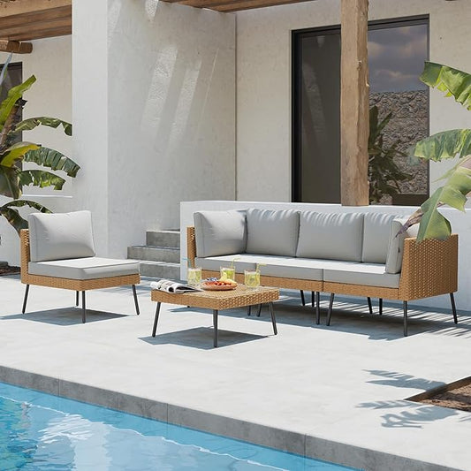 Aoxun Patio Furniture Set, 5 Piece Outdoor Sectional Sofas with Thick Cushion, Wicker Outdoor Patio Furniture Set with Coffee Table for Party, Garden, Backyard, Grey