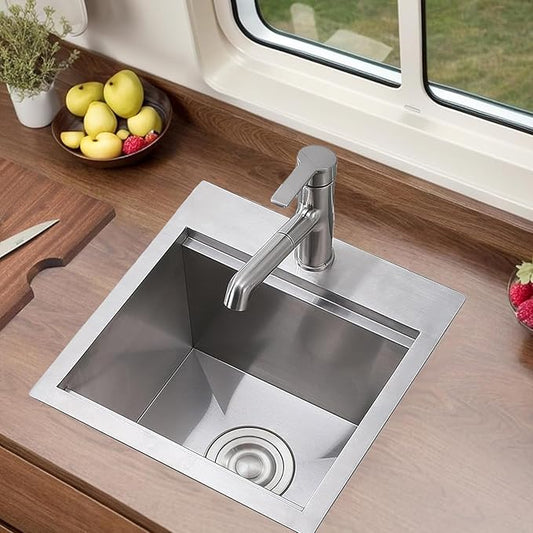 Friho Drop In Bar Sink, 15 x 15 Inch Wet Bar Sink 16 Gauge Stainless Steel 9 Inch Deep Single Bowl Outdoor Rv Sink with Dish Grid and Cutting Board