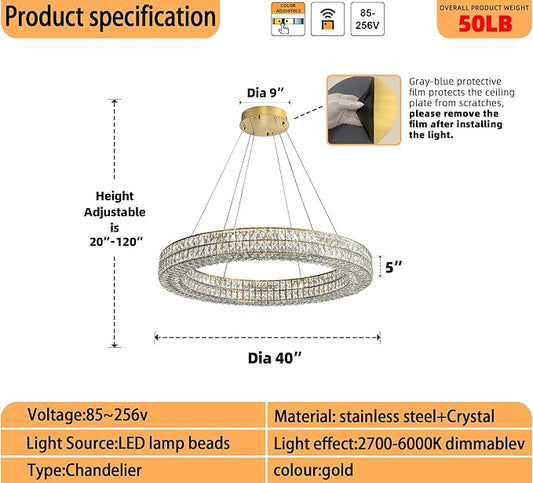 Led Ring Crystal Chandelier for Living Room, Modern Dimmable Chandeliers Lighting and Hanging Adjustable, LED Round Ceiling Chandelier for Dining Room (40inch,Gold)