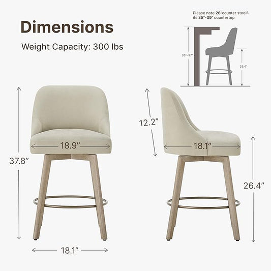 Counter Height Bar Stools Set of 4, Modern Swivel Barstools with Back and Wood Legs, Fabric Upholstered Bar Chairs, 26" Seat Height Counter Stools for Kitchen Island,Sand
