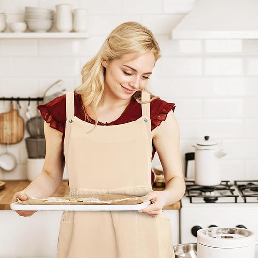 Cityelf Vintage Pinafore Apron Dress Snap Adjust Linen Cotton with Pockets Floral Aprons for Cooking Gardening