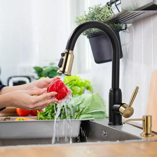 Black Gold Kitchen Faucet with Soap Dispenser, WOWOW Stainless Steel Kitchen Faucet for Sink 2 or 4 Hole, High Arc Vintage Kitchen Sink Faucet with Pull Down Sprayer