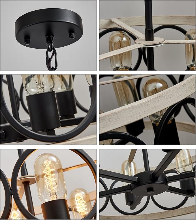 MEIXISUE Modern Farmhouse Drum Chandelier Black and White Birch Finish 6-Lights Round Metal Rustic Vintage Chandelier Light Fixtures for Kitchen Dining Room Living Room Office Hotel Restaurant