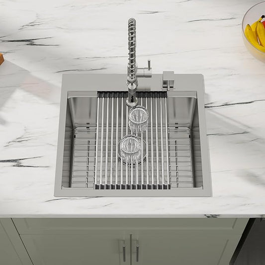 Dcolora 21 Inch Drop-In Kitchen Sink Workstation, 16 Gauge Stainless Steel Topmount Single Bowl Sink with Full-Cover Cutting Board, Grid & Drying Rack, Deep Bar/Utility Sink, 21"x20"x10", #DC-T7756