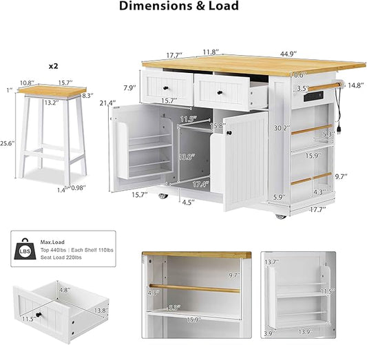 48-Inch Kitchen Island Set with 2 Bar Stools, Outlet & USB Charging Station, Mobile Cart with Drop Leaf, 2 Drawers, 5 Open Shelves & Door Storage, White | Farmhouse Modern All-in-One Storage