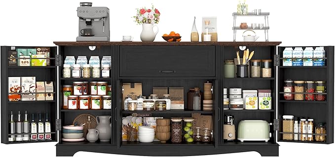 65" Sideboard Buffet Cabinet with Storage, Farmhouse Kitchen Pantries Sideboard Cabinets with Drawer, Wood Coffee Bar Cabinet with Adjustable Shelves, Storage Cabinets for Kitchen, Black