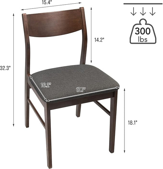 Wood Kitchen Dining Set of 2 Mid-Century Farmhouse Chairs With Upholstered Seat & Curved Backrest - Solid Wooden Brown