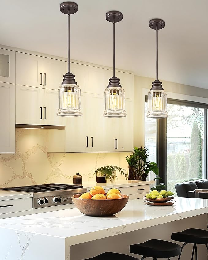 Modern Pendant Light 2Pack, HWH Adjustable Hanging Pendant Lighting in Oil-Rubbed Bronze Finish, Hanging Kitchen Lights with Bell-Shaped Fluted Clear Glass, 5HZG106MIL-2L ORB