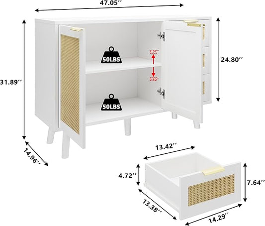 Gyger Rattan Kitchen Buffet Cabinet with 2 Doors 3 Shelves, Sideboard with Storage, Accent Cabinet for Kitchen, Dining Room, Hallway, Cupboard Console Table, White