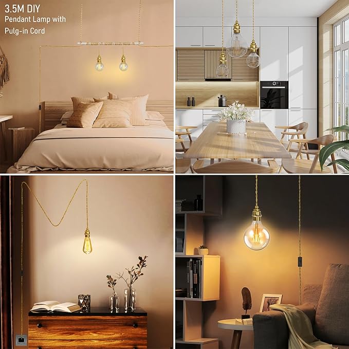Plug in Pendant Light Kit with Switch, 11.5ft Gold Hanging Light Cord, E26 Metal Ceramic Socket, Industrial Plug-in Lights Fixture for Living Room Bedroom