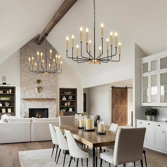 Black and Gold Chandelier for Dining Room, 12-Light Farmhouse Dining Room Light Fixture, Candle Chandelier Light Fixtures, Modern Chandeliers for Living Room Kitchen Foyer Staircase