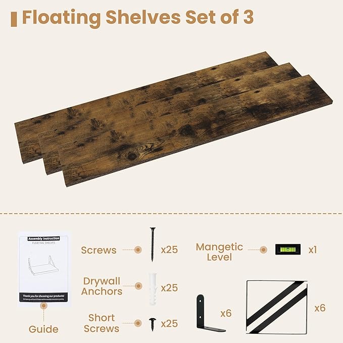 Heimlove Floating Book Shelves for Wall,47.2 Inches Long Wall Mounted Bookshelves,Heavy Duty Bracket Shelves for Living Room Kitchen,Laundry Room Storage & Decor,Set of 3,Rustic Brown