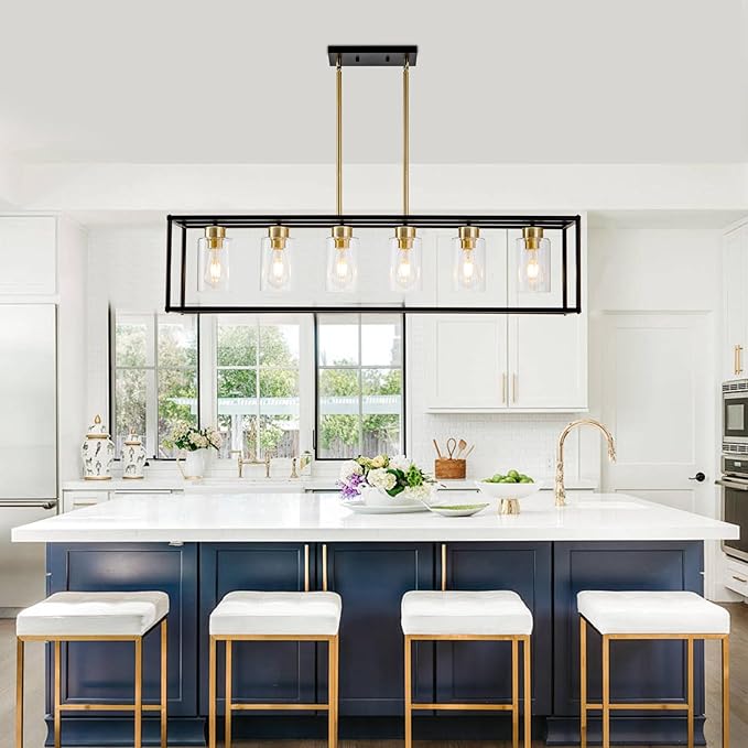 6 Lights Modern Dining Room Light Fixtures Over Table Black & Brushed Brass Gold Farmhouse Chandelier Rectangular Pendent Lighting for Kitchen with Glass Shade Long Linear Industry Hanging Light