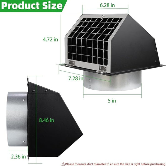 5" Dryer Vent Cover,Outside Dryer Vent Cover for Exterior Wall Vent Hood,Exhaust Vent Cover for Dryer Vents Kitchen Range Hood Vent AC Vent Duct House Air Exhaust,Dryer Vent Kit Through Wall,Black