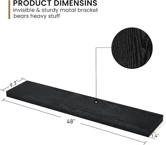 Fun Memories Floating Shelves - 9.3 Inch Deep Wall Shelf for Decor & Storage - Wall Mounted Display Shelving with Invisible Heavy-Duty Metal Bracket - 48" W x 9.3" D x 1.5" H - Set of 1 - Rustic Black
