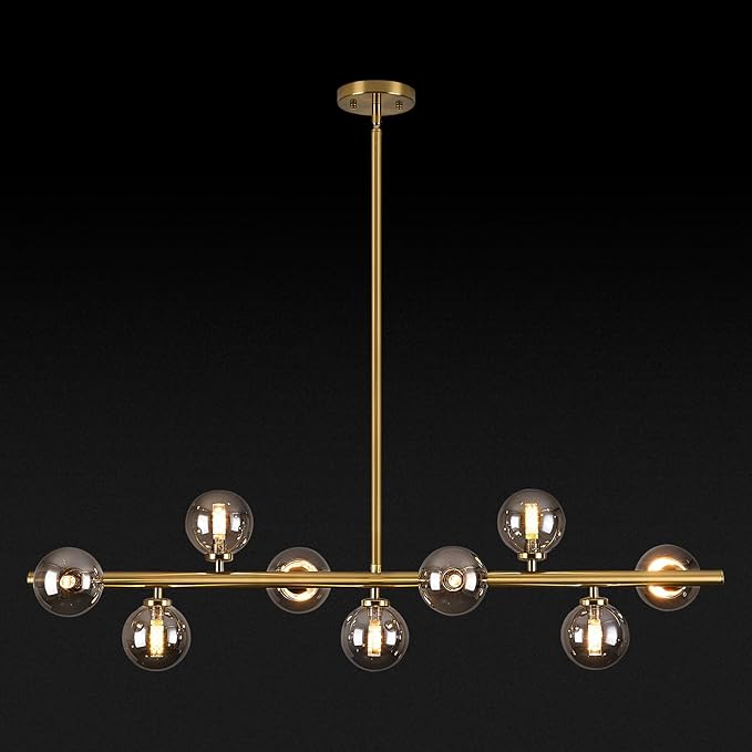 Mid Century Modern Globe Sputnik Chandelier, 9-Light Linear Chandeliers for Dining Room and Kitchen Island, Dining Light Fixture Over Table, Brass Gold and Smoke Grey Glass Bubble, 40 Inch