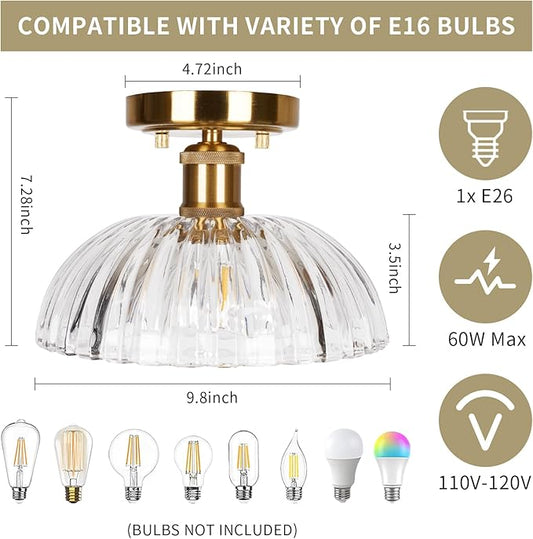 JYZ Semi Flush Mount Ceiling Light, Gold Ceiling Light Fixture with Brass & Ribbed Glass Shade, Vintage Light fixtures for Hallway, Entryway, Bathroom, Kitchen, Bedroom