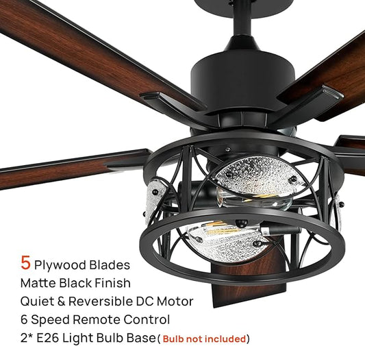 Consciot Ceiling Fan With Lights, 52 Inch Farmhouse Indoor Ceiling Fan With Remote, Quiet Reversible DC Motor, 5 Double Finish Wood Blades, Easy Dual Mount, Support Dimmable 2*E26 Bulbs(not included)
