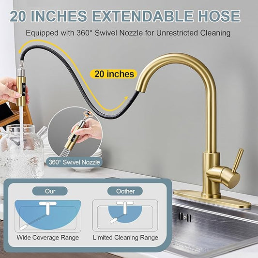 Gold Kitchen Faucets with Pull Down Sprayer, Single Handle High Arc Modern Stainless Steel Sink Faucet with Deck Plate, 1 or 3 Hole Deck Mount for RV, Bar, Farmhouse, Laundry, Outdoor