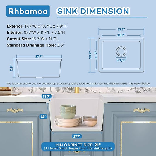 Rhbamoa White Bar Sink Undermount,White Granite Composite Kitchen Sink 18 inch,Small Bar Sinks Undermount,18''x14'' Small Single Bowl Quartz Sinks with Accessories