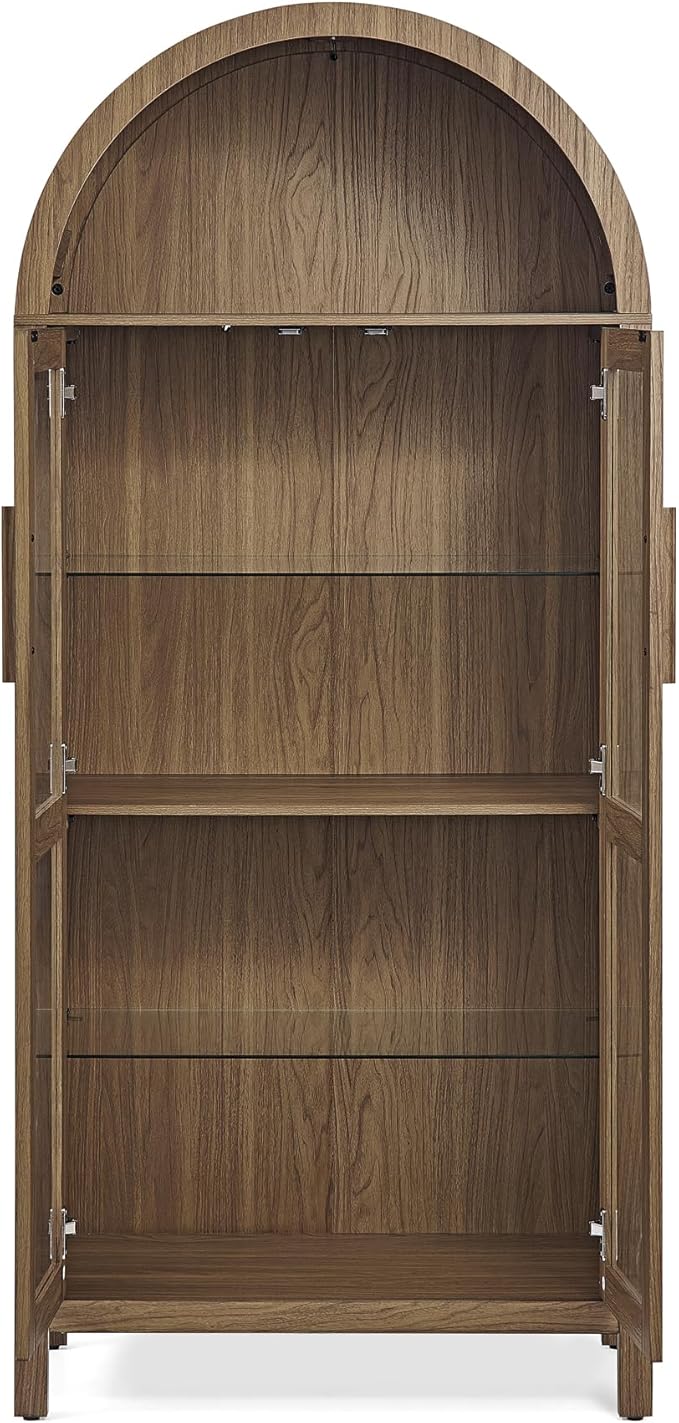 Ball & Cast 67" Tall Arched Kitchen Pantry Cabinet with Lamp, Modern Wooden Storage Cabinet with Glass Doors & Adjustable Shelves,Versatile Display Cabinet for Kitchen, Living Room,Dining Room,Brown