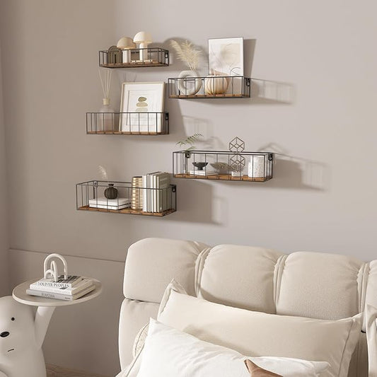 CRUGLA Floating Shelves Wall Mounted Set of 5, Hanging Storage Wall Shelf with Rail for Bathroom, Bedroom, Living Room, Kitchen