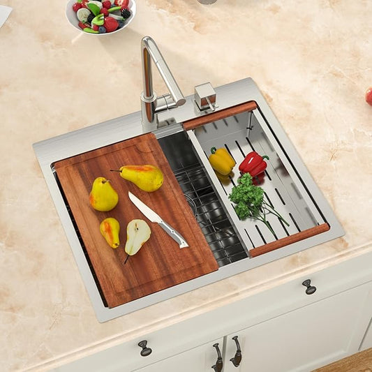 25x22 Drop In Kitchen Sink Workstation 25 Inch Stainless Steel Sink Topmount 16 Gauge Single Bowl Sink 10" Deep Countertop Basin with Accessories