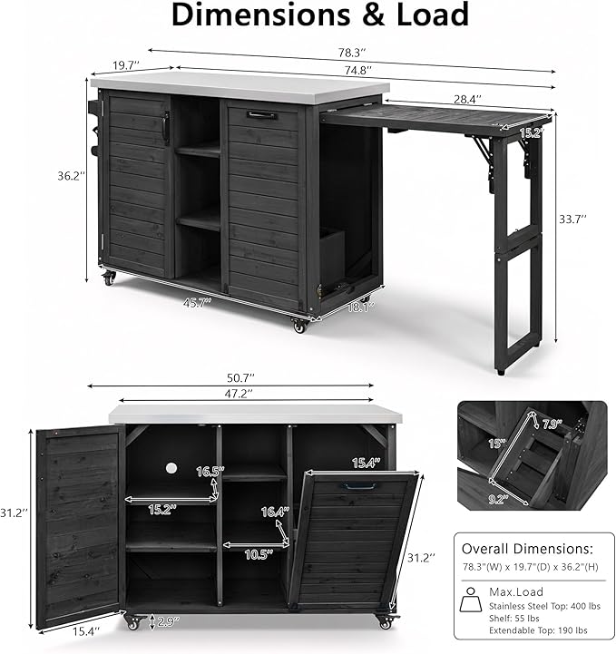 78.3" Outdoor Kitchen Island with Foldable Grill Table & Storage, Wooden Cart with Stainless Steel Top, Trash Can Holder, Bar Cart for Patio Lawn Garden (78.3‘’+Black)