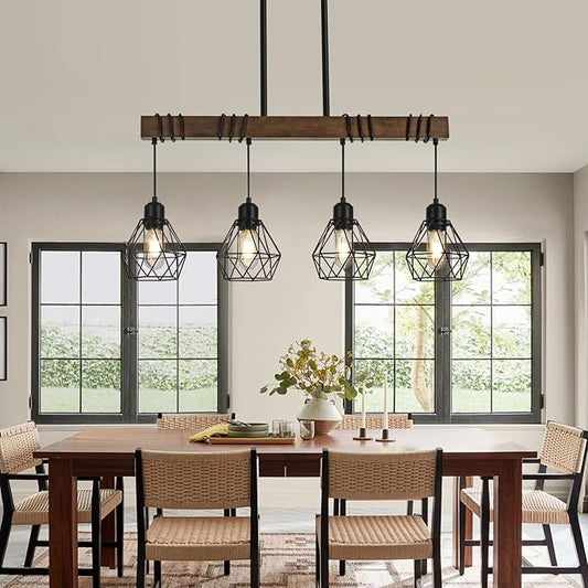 29.5 ‘’ 4-Light Kitchen Chandeliers Over Table, Farmhouse Black Dining Room Light Fixture, Linear Rustic Wood Ceiling Pendant Island Light Fixtures with Metal Lampshade, Height Adjustable