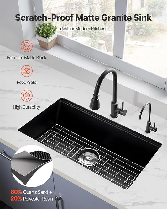 VEVOR 33 inch Kitchen Sink Workstation, Top Mount Granite Sinks, Drop-In Single Bowl Farmhouse Basin with Multiple Accessories, Household Dishwasher Sinks (18"D x 30"W x 9"H)