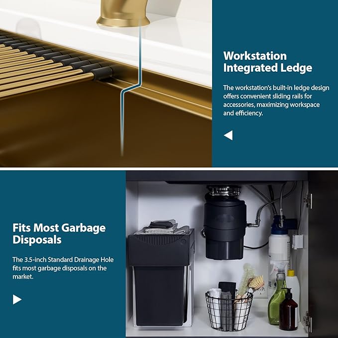 33 Undermount Gold Kitchen Sink Workstation 16 Gauge Stainless Steel 9 In Deep Kitchen Sinks with Practical Accessories