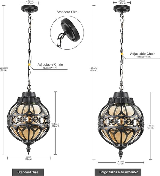 Globe Outdoor Pendant Lights for Porch Patio Garage, Matte Black Aluminum Anti-Rust Hanging Light Fixture, Industrial Round Amber Glass Exterior Chandelier, Outside Pendant Lamp, 2 Pack