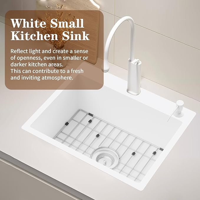 White 22x18In Kitchen And Bar Sink-Stainless Steel Drop In Single Bowl Topmount Kitchen&Bar Sink With SS Grid And Drain Assembly Clean&Bright White Bar Sink Enhance Aesthetic Appeal Of Modern Kitchen