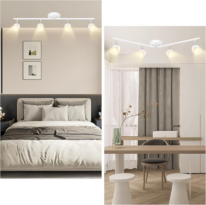 BoostArea LED 4 Light Track Lighting Kit,4 Way Modern Ceiling Lighting, Flexibly Rotatable Industrial Spot Light Head for Kitchen, Living Room, Bedroom, White,GU10 Bulb Not Included