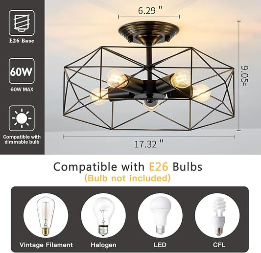 5-Light Farmhouse Semi Flush Mount Ceiling Light Fixture, Modern Black Ceiling Light, Industrial Close to Ceiling Light with Metal Hexagon Cage Ceiling Lamp for Kitchen, Hallway, Bathroom,closet
