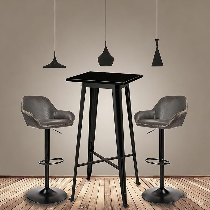 Glitzhome Bar Table and Chairs Set, Square Black Steel Pub Table with Soild Elm Wood Top and Bar Height Adjustable Swivel PU Leather Bar Stool for Breakfast Nook Living Room Small Space Restaurant