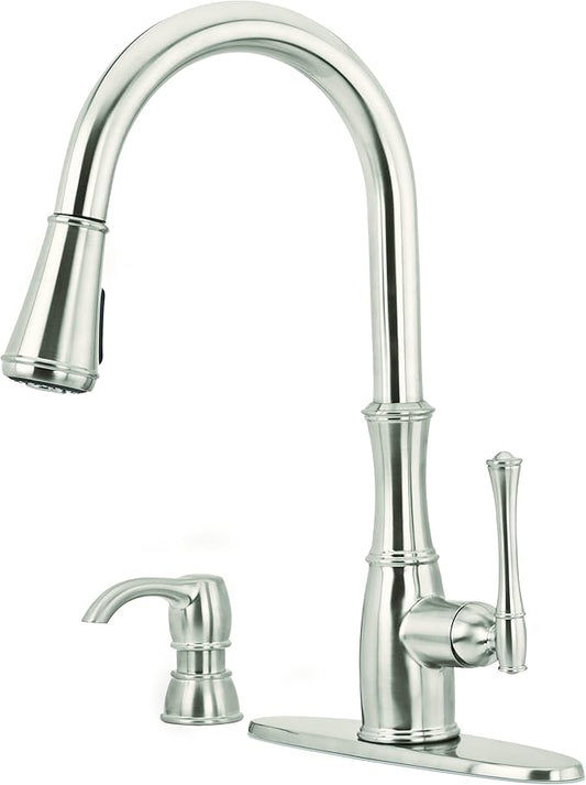 Pfister Wheaton Kitchen Faucet with Pull Down Sprayer and Soap Dispenser, Single Handle, High Arc, Stainless Steel Finish, GT529WH1S