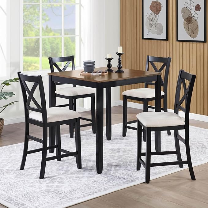 Counter Height Dining Chairs Set of 4, X-Back Kitchen Bar Stools with Padded Seat, Black Wooden Frame with Beige Linen Fabric, Ergonomic Chairs for Kitchen Island, Home Bar