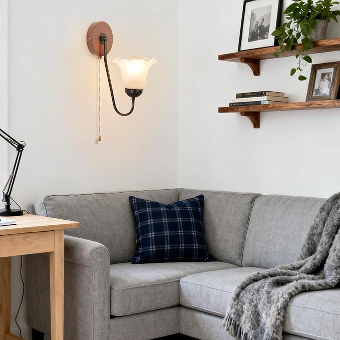 Vintage Pull Chain Wall Sconce Light with Switch Black Wall Lights Fixture Retro E26 Industrial Farmhouse Wall Lamp Hard Wired Sconces Lighting for Mirror Bedroom Bathroom Hallway
