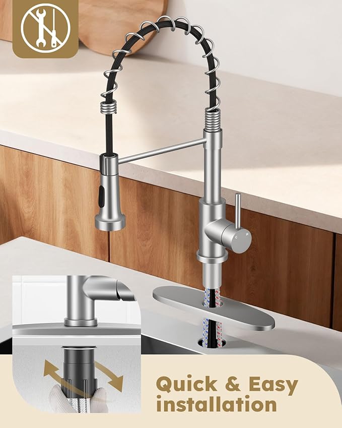 Arofa Kitchen Faucet with Pull Down Sprayer, Brushed Nickel Kitchen Sink Faucet 1-3 Hole Single Handle High Arc Stainless Steel Commercial Modern Kitchen Faucets for RV/Laundry/Outdoor/Bathroom Sink