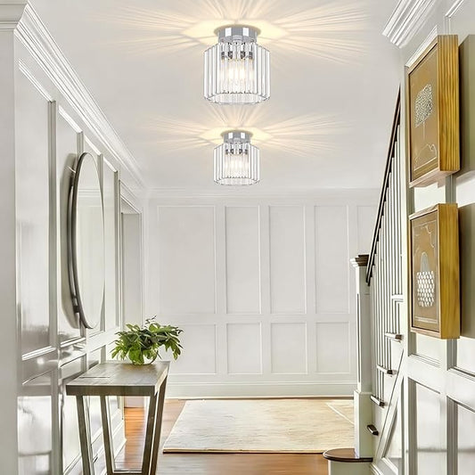 TOULMJ 2 Pack Chrome Semi Flush Mount Ceiling Light, Modern Crystal Hallway Light Fixtures Kitchen Lighting Close to Ceiling Lights for Bathroom Entryway Bedroom Foyer Laundry Room