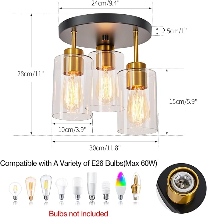 Black and Gold Flush Mount Ceiling Light 3-Light Black Semi Ceiling Light Fixture with Clear Glass Shades, Farmhouse Industrial Gold Brass Kitchen Ceiling Lights for Hallway Entryway Bedroom