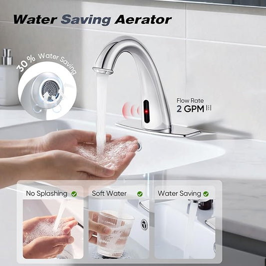 Automatic Touchless Bathroom Faucet Motion Sensor Activated Commercial Basin Sink Vantiy Hands Free Auto Off Infrared Mixer with Hole Cover Deck Plate Temperature Control Hot Cold (Chrome)
