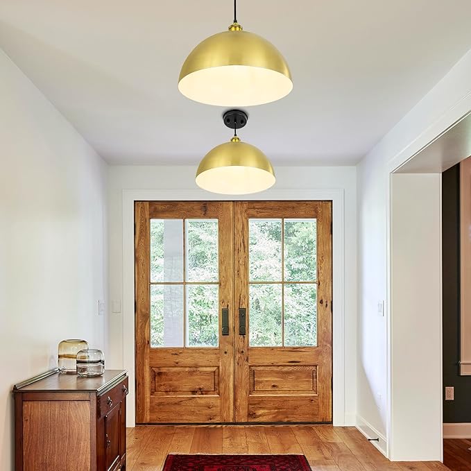 Gold Pendant Light, 12" Farmhouse Ceiling Light with Gold and White, Elegant Semi-Circular Shade Design, Adjustable Height Industrial Dome Pendant Lights for Kitchen Island, Dining Room