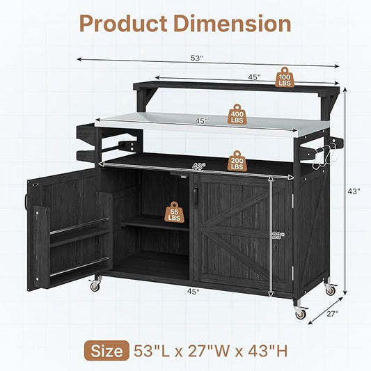 Zevemomo Outdoor Grill Cart with Raised Shelf, Stainless Steel Tabletop Outdoor Kitchen Island, Outdoor Buffet Cabinet with Lockable Wheels, Internal Storage Rack, Spice Rack for Grilling, Black