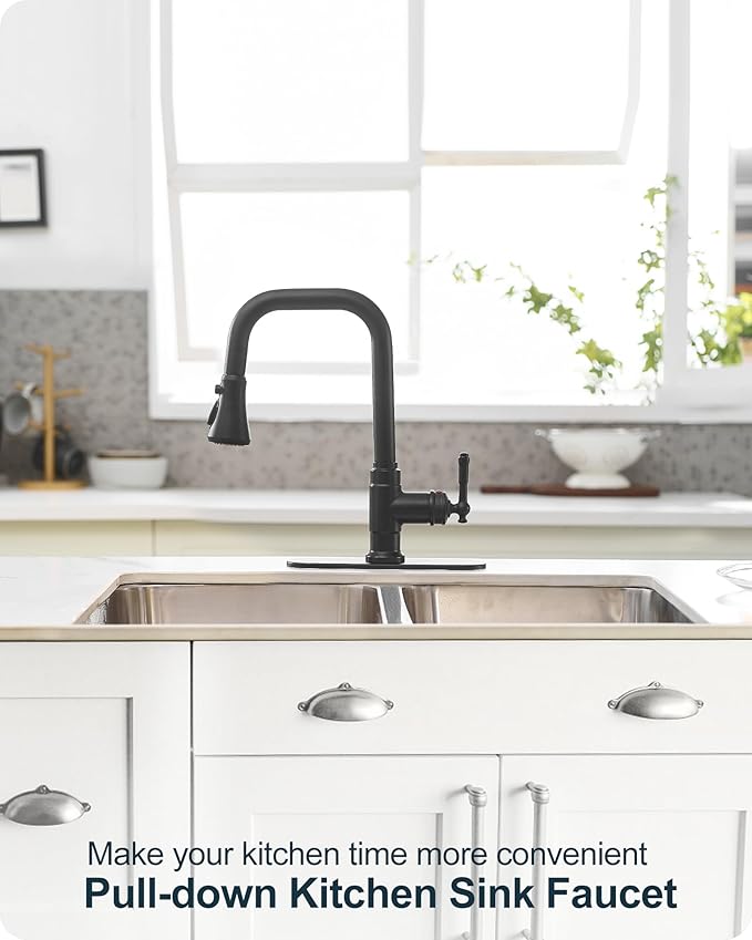 3 Function Black Kitchen Sink Faucet, 360 Degree Swivel Kitchen Faucets with Pull Down Sprayer, Single Handle with Deck Plate for 1 or 3 Hole, Stainless Steel