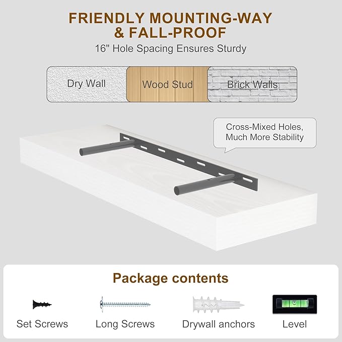 Fun Memories 60 Inch Fireplace Mantel - Long Floating Shelf, Wall Mounted Farmhouse Display with Invisible Heavy Duty Metal Bracket, White, 2 Pack