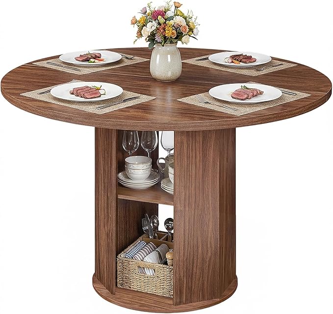 MAHANCRIS 43.3" Round Dining Table with Storage Shelf for 4, Circle Kitchen Dinner Table with Thick Tabletop, Circle Nook Table for Kitchen & Dining Room, Walnut DTWA11001