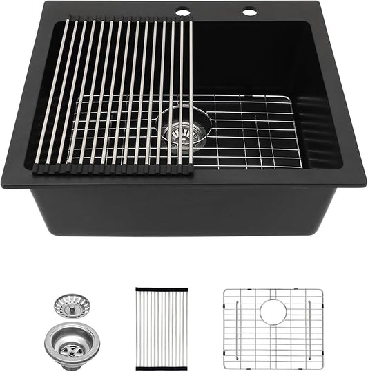 Lordear 25 Inch Black Drop In Kitchen Sink Granite Composite 25x22 Inch Quartz Black Deep Single Bowl Topmount Granite Kitchen Sinks