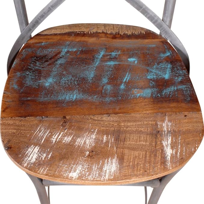 Vintage Solid Reclaimed Wood Bar Chair with Iron Frame, 4 Pieces Set, Handcrafted Rustic Dining Stool for Home Bar Kitchen Island, Durable and Comfortable Seating, Unique